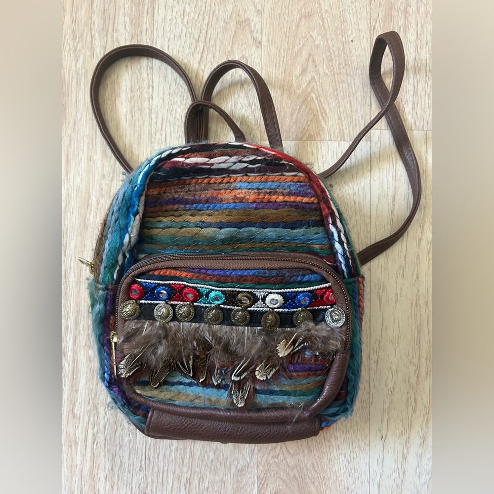 Boho Woven Mini Backpack with Feathers & Coins